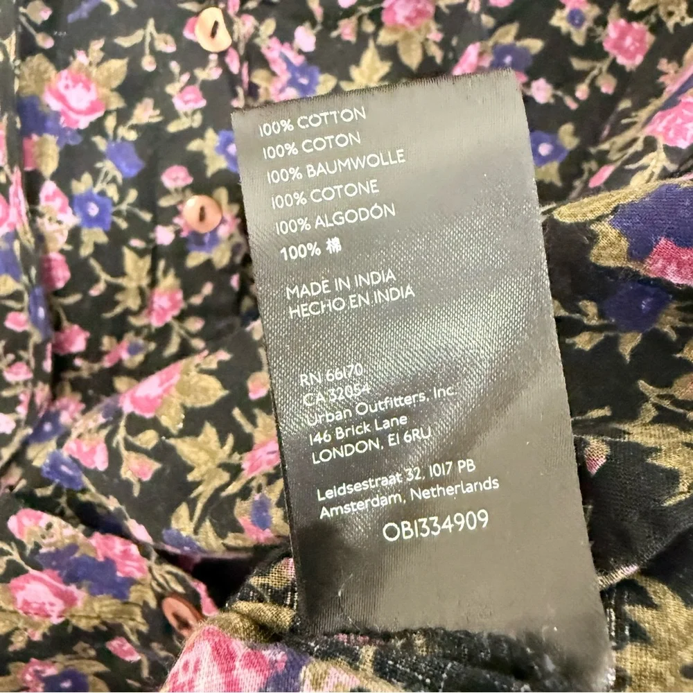 Boho Floral Free People Puff Sleeve Cotton Blouse Black NWT Size XS Extra Small